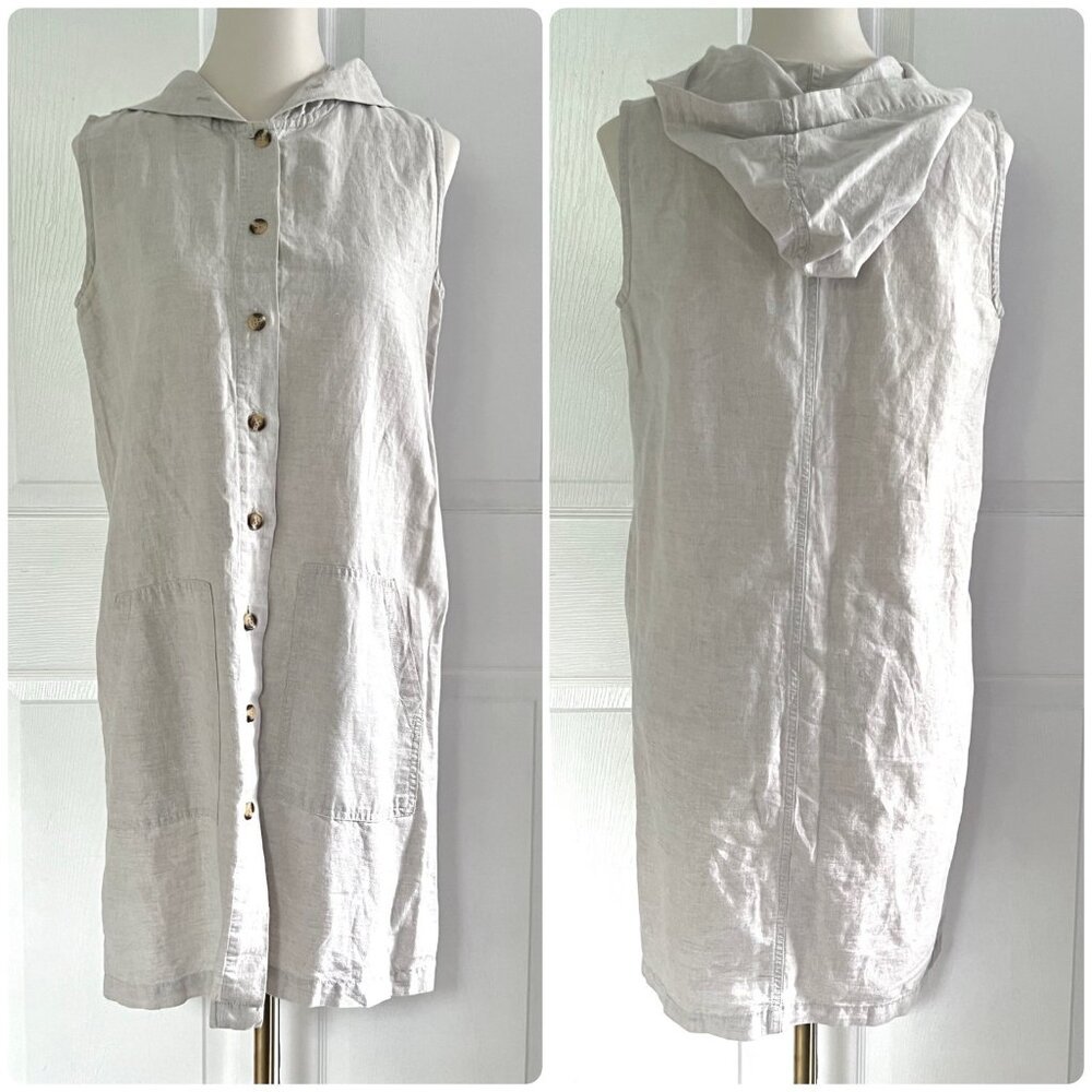 Vintage Cherokee Linen Cotton Beige Button-Front Hooded Sleeveless Dress sz S
